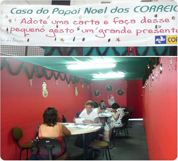 Montagem com uma foto da faixa do
estande do Papai Noel dos Correios e outra de pessoas escolhendo as cartas