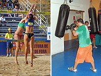 Pessoas jogando v?lei e lutando boxe