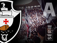 foto da torcida, do escudo do Vasco e uma seta indicando que o time subiu para a série A