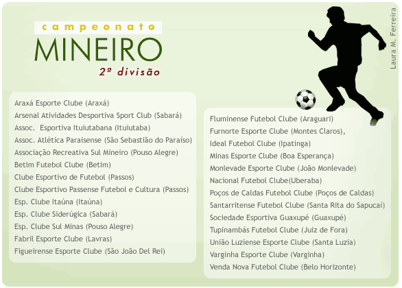 Arax? Esporte Clube(Arax?)
Arsenal Atividades Desportiva Sport Club (Sabar?)
Associa??o  Esportiva Ituiutabana (Ituiutaba)
Associa??o Atl?tica Paraisense (S?o Sebasti?o do Para?so)
Associa??o Recreativa Sul Mineiro(Pouso Alegre)
Betim Futebol Clube(Betim)
Clube Esportivo de Futebol(Passos)
Clube Esportivo Passense Futebol e Cultura (Passos)
Esporte Clube Ita?na (Ita?na)
Esporte Clube Sider?gica (Sabar?)
Esporte Clube Sul Minas (Pouso Alegre)
Fabril Esporte Clube(Lavras)
Figueirense Esporte Clube (S?o Jo?o Del Rei)
Fluminense Futebol Clube (Araguari)
Furnorte Esporte Clube (Montes Claros),
Ideal Futebol Clube (Ipatinga)
Minas Esporte Clube(Boa Esperan?a)
Monlevade Esporte Clube(Jo?o Monlevade)
Nacional Futebol Clube(Uberaba)
Po?os de Caldas Futebol Clube (Po?os de Caldas)
Santarritense Futebol Clube(Santa Rita do Sapuca?)
Sociedade Esportiva Guaxup? (Guaxup?)
Tupinamb?s Futebol Clube(Juiz de Fora)
Uni?o Luziense Esporte Clube (Santa Luzia)
Varginha Esporte Clube(Varginha)
Venda Nova Futebol Clube (Belo Horizonte)