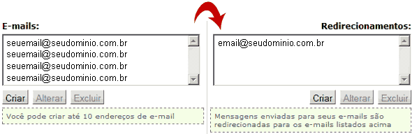 tela do redirecionamento de e-mails